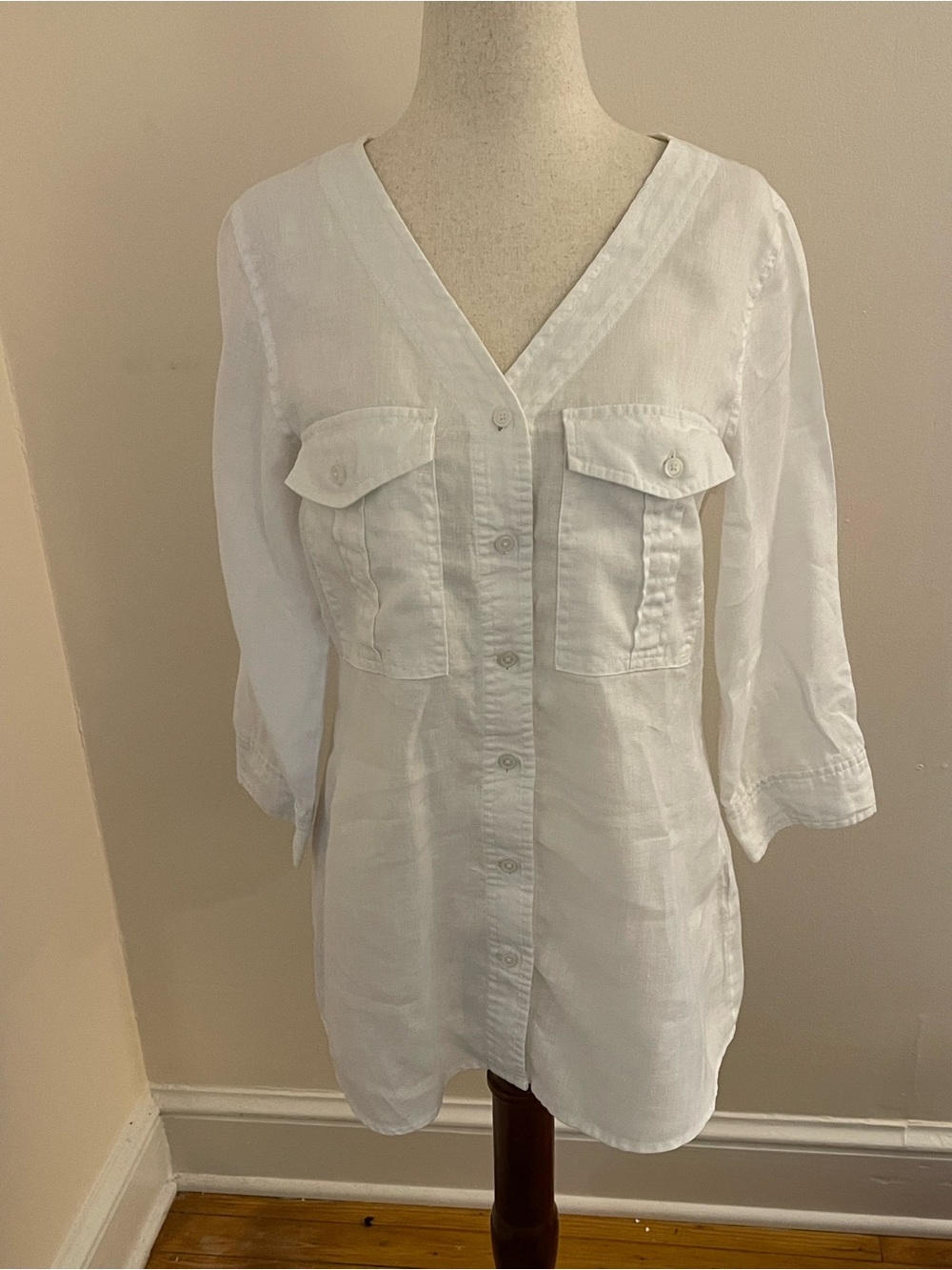 Orvis White 100% Linen Button Front Tunic Blouse XS V Neck Utility Shirt